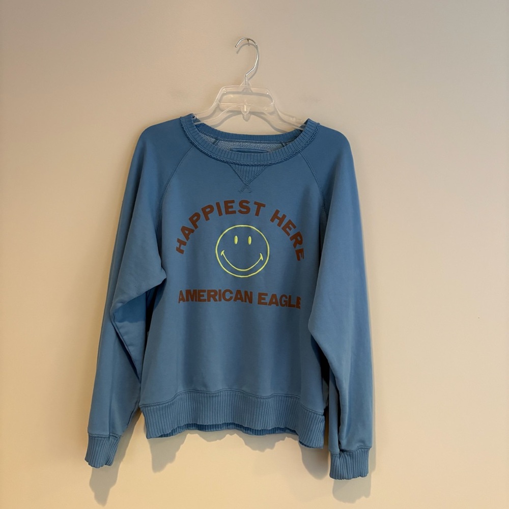 American Eagle Outfitters Blue Happiest Here Graphic Crew Neck Sweatshirt